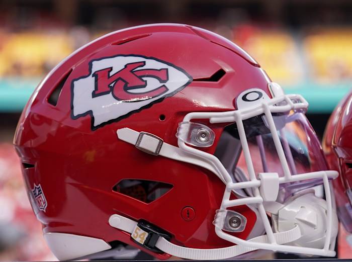 Jan 30, 2022; Kansas City, Missouri, USA; A general view of a Kansas City Chiefs helmet against the Cincinnati Bengals before the AFC Championship game at GEHA Field at Arrowhead Stadium.